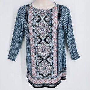 J.Jill Women's Tunic Size M  Blue Geometric Print Long Sleeve  Modest Cut